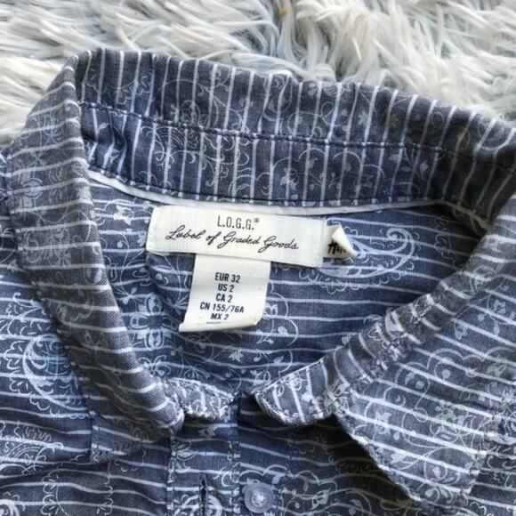 H&M L.O.G.G Womens Boho Office Paisley Blue White Striped Button Up Shirt Size 2 - Picture 4 of 5